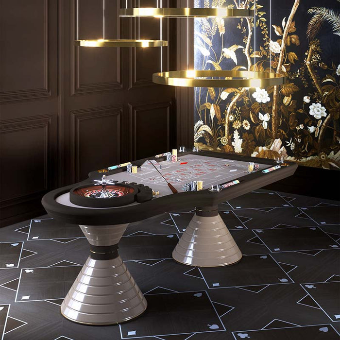 Studio view of the Vismara Montecarlo Roulette Table in grey and black tones with sculptural base, precision chip layout, and sleek casino-grade design.