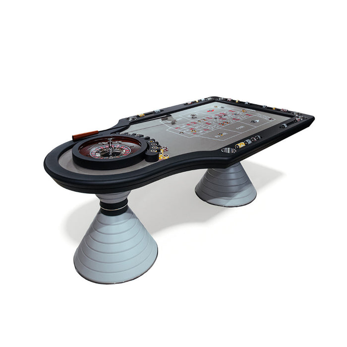 Studio view of the Vismara Montecarlo Roulette Table in grey and black tones with sculptural base, precision chip layout, and sleek casino-grade design.