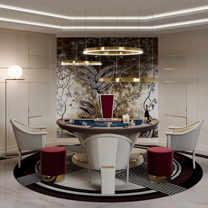 Vismara Napoleon Blackjack Table in a glamorous Art Deco-style room with velvet stools, circular rug, and illuminated golden ceiling lights — ideal for luxurious casino décor.