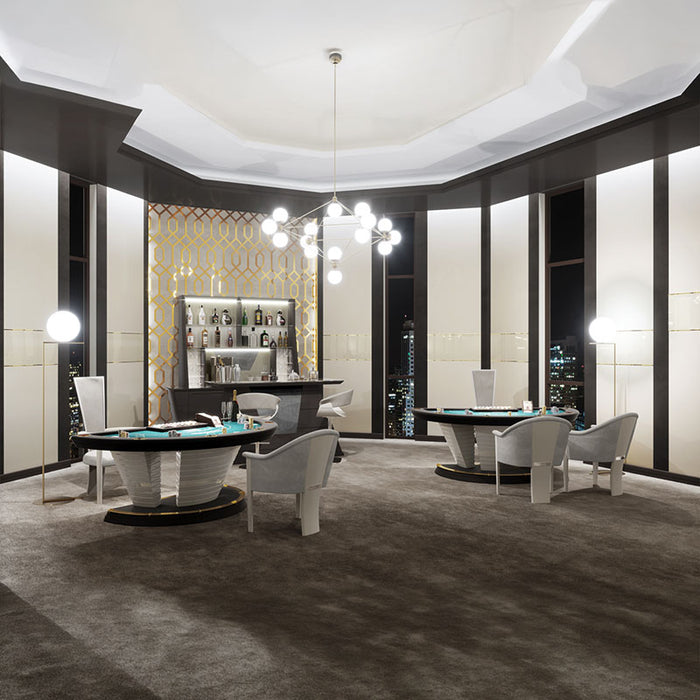 Vismara Napoleon Blackjack Tables in a luxury casino setting with panoramic city views, modern lighting, and a full-service cocktail bar, perfect for exclusive private gaming rooms.