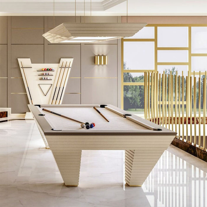 Stylish entertainment space featuring Vismara Newde Cue Rack with full pool and foosball setup, bar area, and luxury detailing.