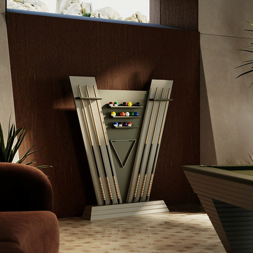 Vismara Newde Cue Rack in matte finish holding cues and balls, displayed in a modern lounge with a natural-toned design palette.
