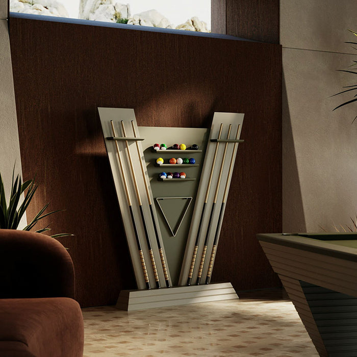 Vismara Newde Cue Rack in matte finish holding cues and balls, displayed in a modern lounge with a natural-toned design palette.