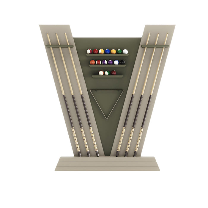 Studio shot of the Vismara Newde Cue Rack in olive green and beige, holding billiard cues, triangle, and full set of pool balls.