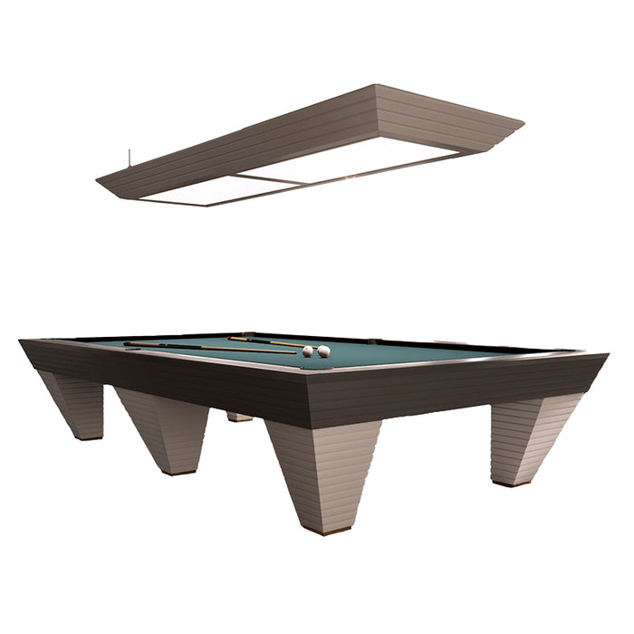 The dark green Vismara Newde Pool Table with sharp, clean lines, topped by a sleek, matching lamp for a polished and refined look.