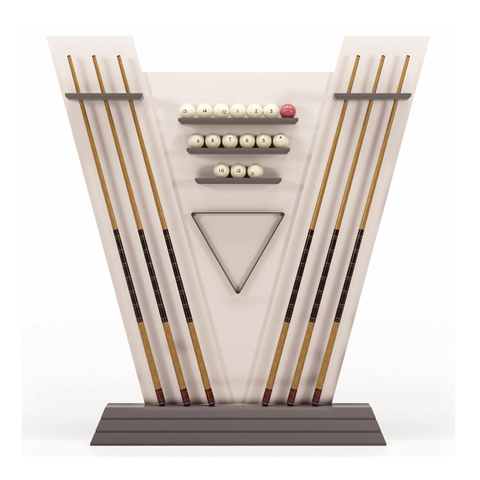 The stylish V-shaped organiser for the Vismara Newde Pool Table, displaying cues, balls, and a triangle, blending functionality with elegance for a complete game room setup.