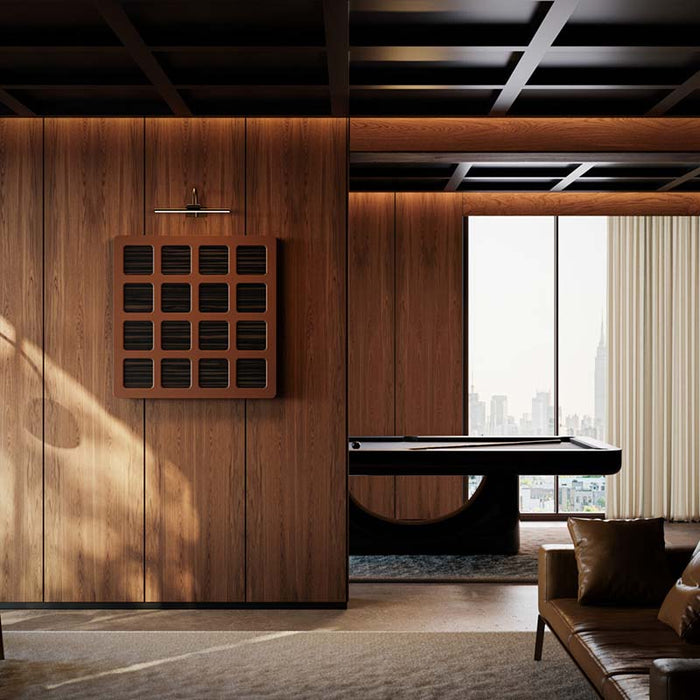 Closed Vismara Nido Dartboard Cabinet mounted on the wall with a cream and wood square panel grid design, blending seamlessly with modern interiors.