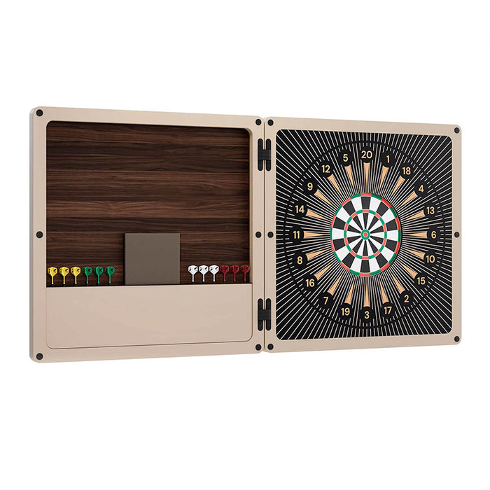 Vismara Nido Dartboard Cabinet opened to reveal a stylish dartboard with radiating score graphics and organised coloured darts and accessories in a sleek wood‑panelled interior.