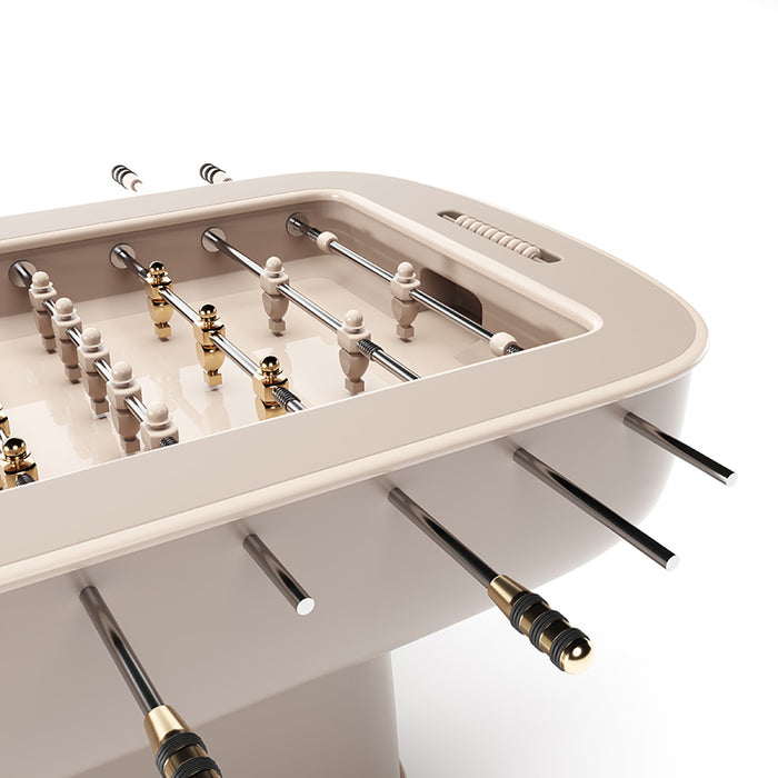 Close-Up of Premium Rods and Players on the Foosball Table, featuring precision-engineered rods and customisable metallic players for a luxurious and sleek gaming experience.