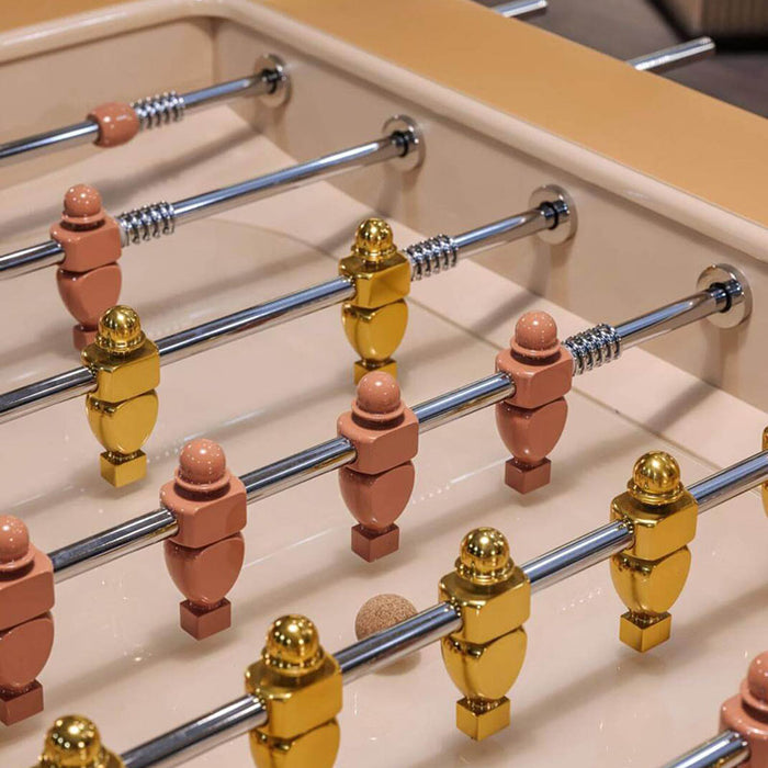 Close-up of Oskar Foosball Table steel and lacquered players, showcasing premium finishes and craftsmanship.