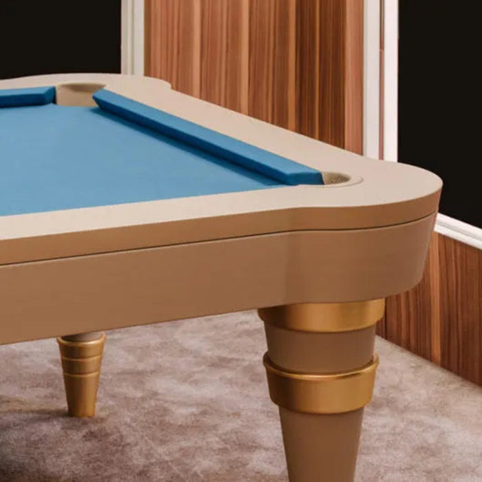 Detailed view of the gold-plated legs and smooth lacquered frame, highlighting the luxurious finish of the Vismara Regis Pool Table.