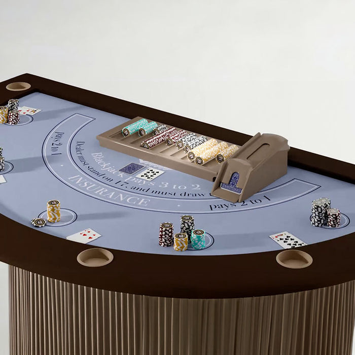 Close-up of Vismara Roma Blackjack Table featuring premium felt layout, colour-coded poker chips, and professional card shoe for high-end casino-style gameplay.