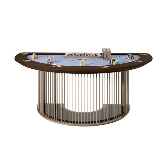 Front view of Vismara Roma Blackjack Table showcasing its curved design, vertical metal base structure, and luxury tabletop set with chips and cards.
