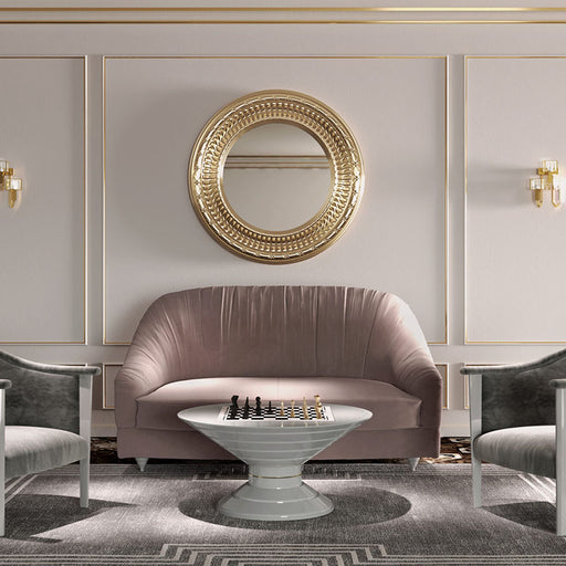 Elegant Vismara Scaccomatto Chess Table centred in a classic lounge with blush seating and gold accents, creating a refined and opulent setting.