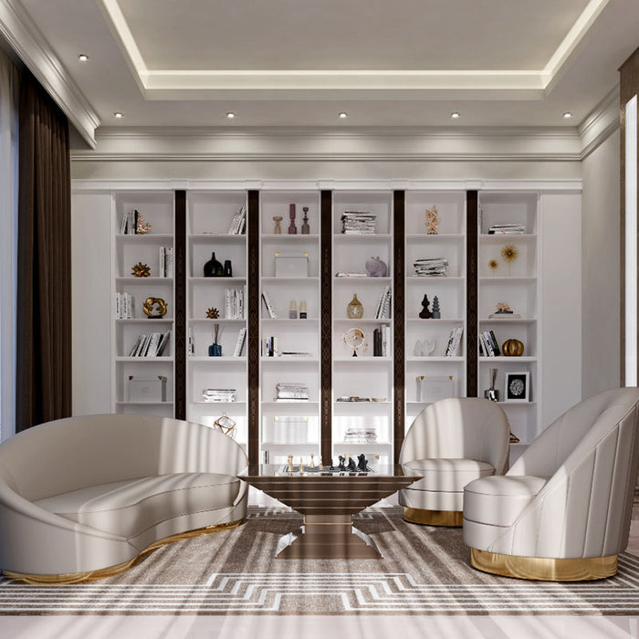 Vismara Scaccomatto Chess Table in a luxury lounge setup with plush curved seating, built-in bookshelves, and refined décor – ideal for elegant home libraries or entertainment rooms.