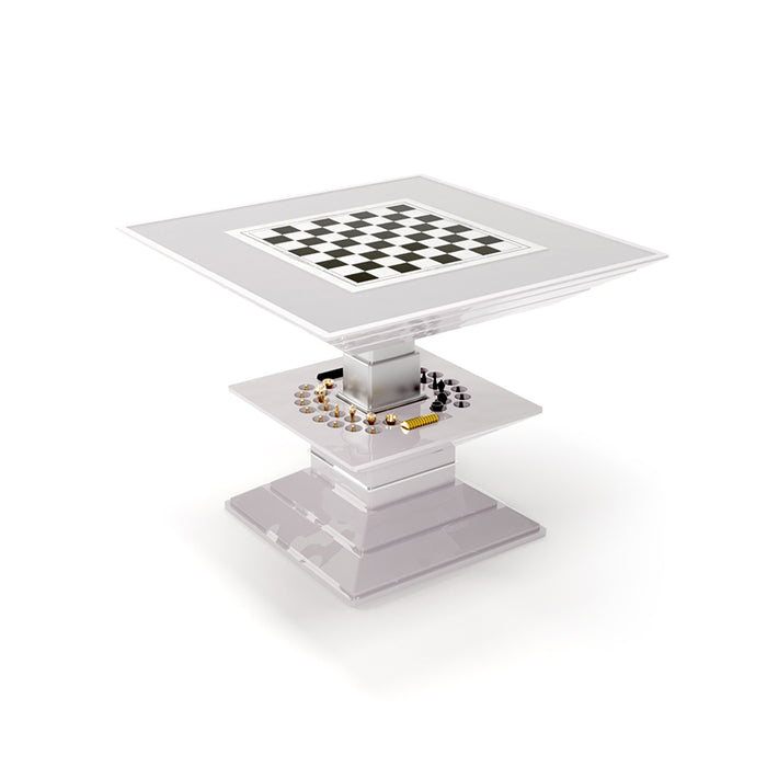 Studio image of the Vismara Scaccomatto Chess Table featuring a sleek white lacquered finish with integrated chess piece storage, blending form and function.