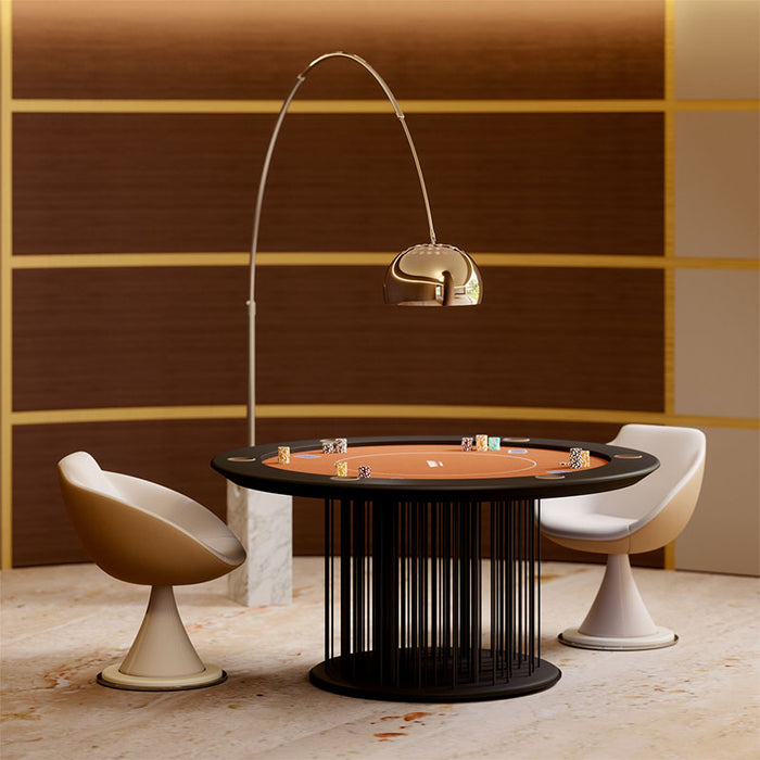 Contemporary round Vismara Shanghai Poker Table with terracotta playing surface, black slatted base, and two curved white chairs under a modern chrome floor lamp.