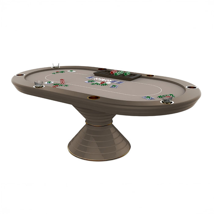 Rendered image of the Vismara Vegas oval poker table with professional layout, poker chips and cup holders, perfect for luxury game rooms.