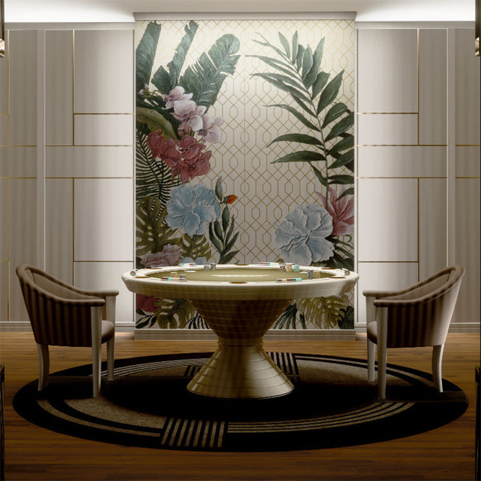 Stylish Vismara Vegas poker table in a floral-themed luxury room with sophisticated lighting and neutral-toned chairs for upscale entertainment.
