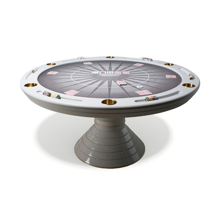 Isolated Vismara Vegas round poker table with bold radial felt pattern, built-in chip trays and cup holders, ideal for refined home casinos.