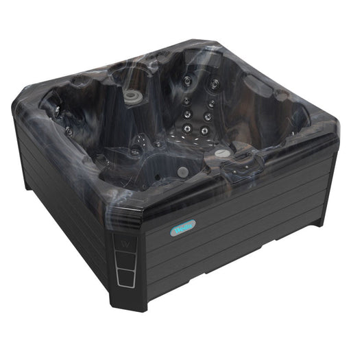 Angled view of the Wellis Porto Holiday Let Hot Tub with black WPS frame and ergonomic interior seating.