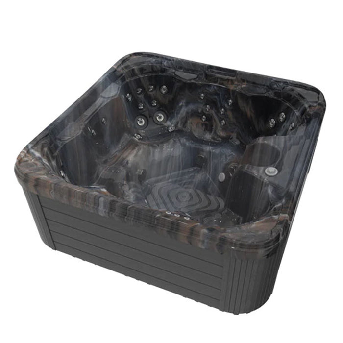 Angled view of empty Wellis Valencia 7 Person Hot Tub in Midnight Canyon finish, ideal for luxury rentals and garden spas.