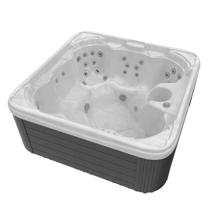 Wellis Valencia Hot Tub in Sterling Silver, 7 seat spa with ergonomic layout and hydrotherapy jets, perfect for stylish outdoor use.