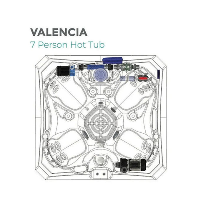 Top-down technical layout of Wellis Valencia 7 Person Hot Tub showing jet positioning, components, and ergonomic seat arrangement.