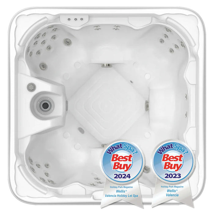 Top-down view of award-winning Wellis Valencia Hot Tub, featuring Best Buy 2023 and 2024 badges and ergonomic seat layout.