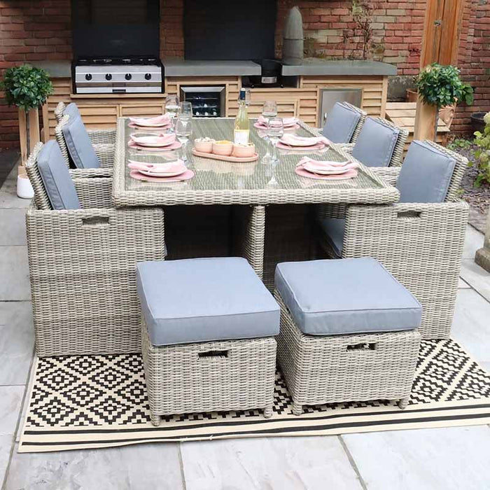 Wentworth 10 Seater Cube Dining Set arranged with all seating tucked in, highlighting the space-saving design ideal for smaller outdoor areas.