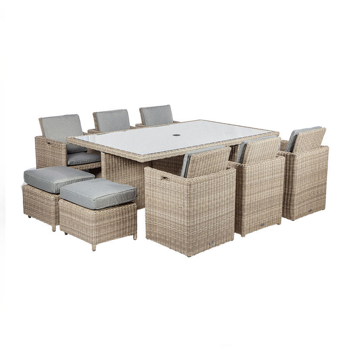 Full view of the Wentworth 10 Seater Cube Dining Set, showcasing the spacious glass-topped table and rattan chairs with grey cushions.