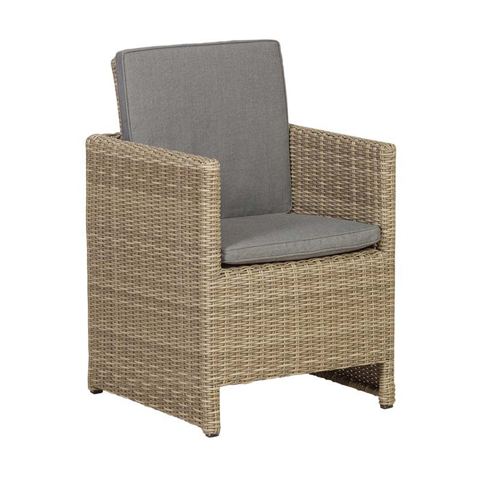 Rattan chair from the Wentworth 10 Seater Cube Dining Set with grey cushions, designed for comfort and style.