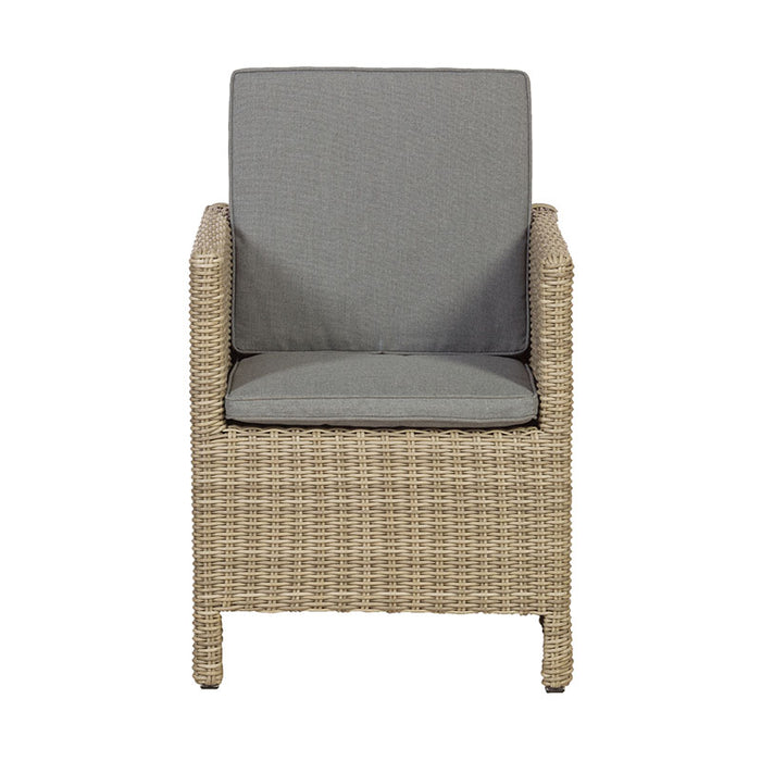 Front view of the rattan chair with grey cushions from the Wentworth 10 Seater Cube Dining Set, ideal for both indoor and outdoor use.