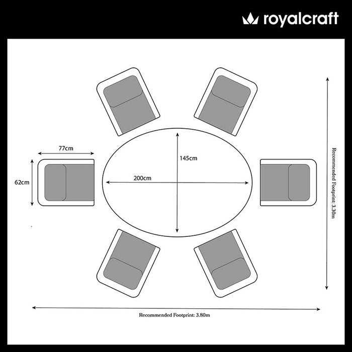 A detailed floor plan illustrating the dimensions and recommended footprint for the Wentworth 6 Seater Ellipse Imperial Dining Set, showcasing the optimal chair arrangement around the oval table.