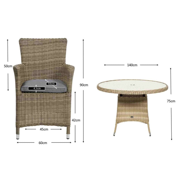 A detailed image showing the dimensions of the Wentworth 6 Seater Round Carver Dining Set, including the chair and table measurements for accurate fitting.