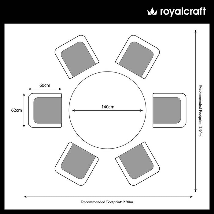 A diagram showing the recommended footprint and spacing for the Wentworth 6 Seater Round Carver Dining Set, ideal for planning your outdoor space.