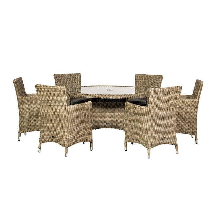 A clean, standalone view of the Wentworth 6 Seater Round Carver Dining Set, displaying the entire set with all six chairs arranged around the round glass table.