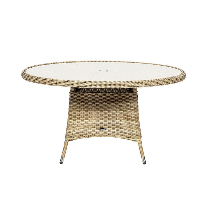 A complete image of the round glass table from the Wentworth 6 Seater Round Carver Dining Set, showcasing its elegant design and ample surface area.