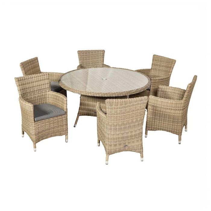 A close-up image highlighting the comfortable cushioned seating of the Wentworth 6 Seater Round Carver Dining Set, perfect for relaxed outdoor dining.