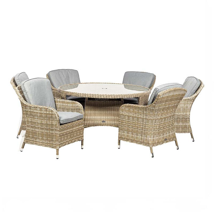 Front view of the Wentworth 6 Seater Round Imperial Dining Set, featuring cushioned rattan chairs and a spacious round glass table.