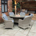 Wentworth 6 Seater Round Imperial Dining Set in a cosy patio setting, featuring cushioned rattan chairs around a glass-topped round table.