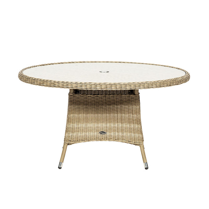 Close-up view of the Wentworth 6 Seater Round Imperial Dining Table with a glass top, showcasing its intricate rattan weave.