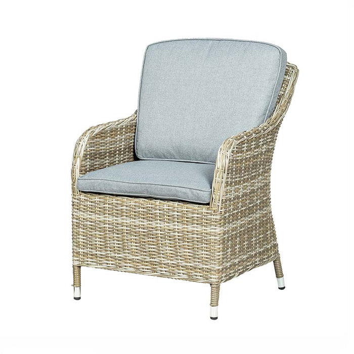 Single rattan chair from the Wentworth 6 Seater Round Imperial Dining Set, featuring a grey cushioned seat and backrest, showcasing its elegant and comfortable design.