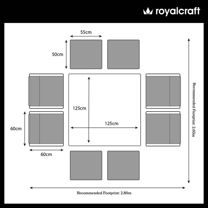 Top-down floor plan of the Wentworth 8 Seater Cube Dining Set, showing dimensions and recommended footprint for optimal placement.