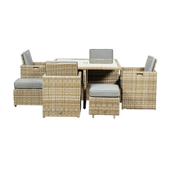 Complete layout of the Wentworth 8 Seater Cube Dining Set, perfect for garden dining with grey cushioned seats.