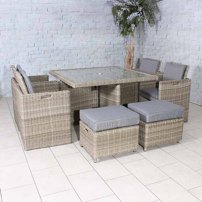 Complete indoor setup of the Wentworth 8 Seater Cube Dining Set, highlighting its space-saving design and sophisticated look.