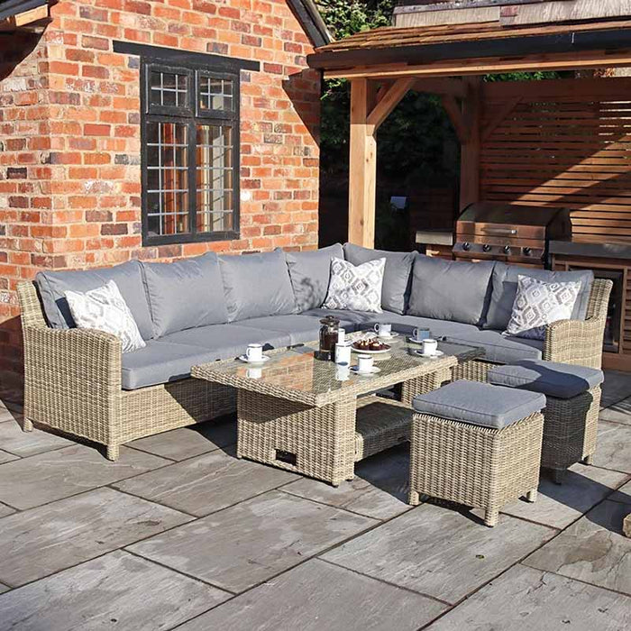 Wentworth 8 Seater Deluxe Corner Dining Set in an outdoor patio, ideal for cosy family meals and summer gatherings.