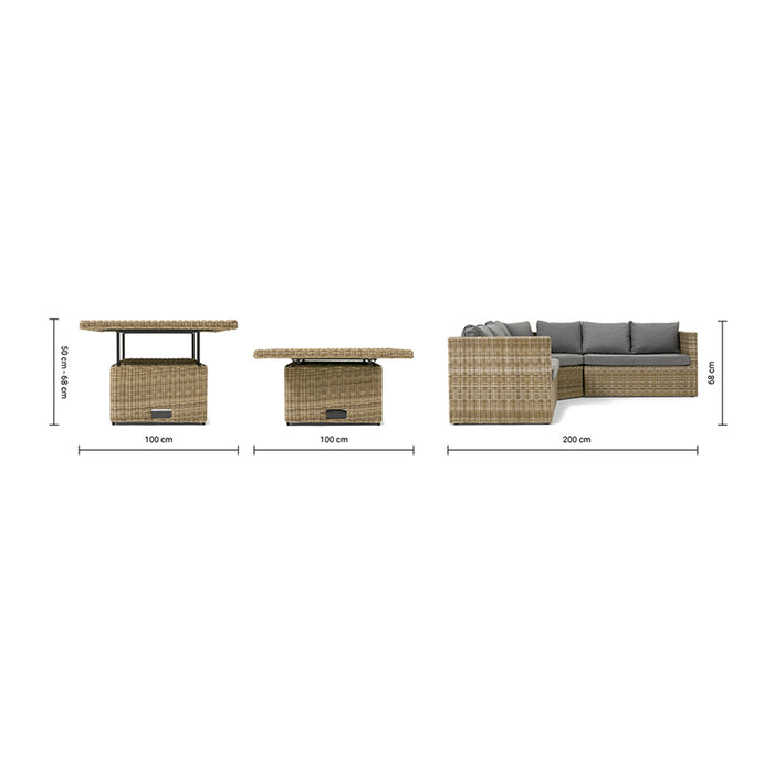 Side view of the Wentworth Adjustable Corner Lounge Set, showing the sofa and table dimensions for better understanding of space requirements.