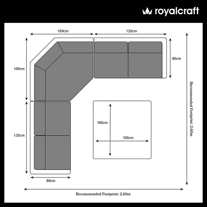 Detailed floor plan showing the layout dimensions of the Wentworth Adjustable Corner Lounge Set with recommended footprint.