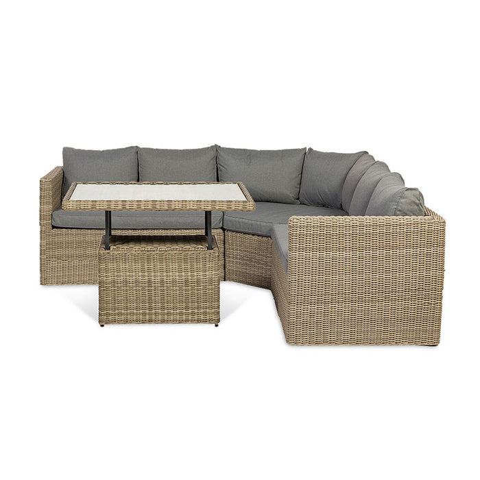 Left-angled view of the entire Wentworth Adjustable Corner Lounge Set featuring grey cushions and an adjustable table.